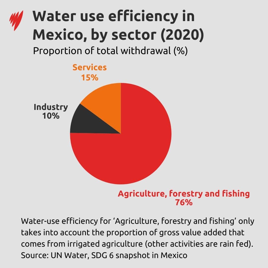A pie chart showing water use efficiency in Mexico in 2020 by sector, with agriculture, forestry and fishing comprising 76 percent of the chart