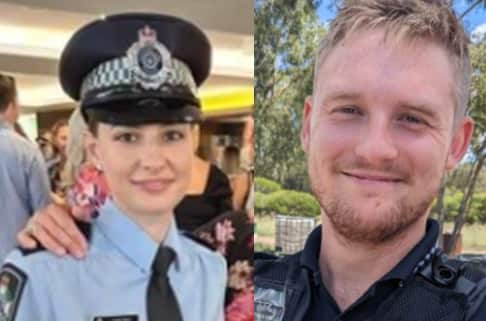 Composite image of two young police officers. 