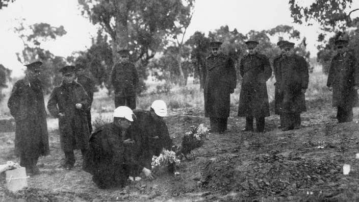 A supplied image obtained on Thursday, August 1, 2019, The burial of Japanese Prisoners of War who lost their lives in the mass breakout from the camp in Cowra. (AAP Image/Supplied, Australian War Memorial) NO ARCHIVING