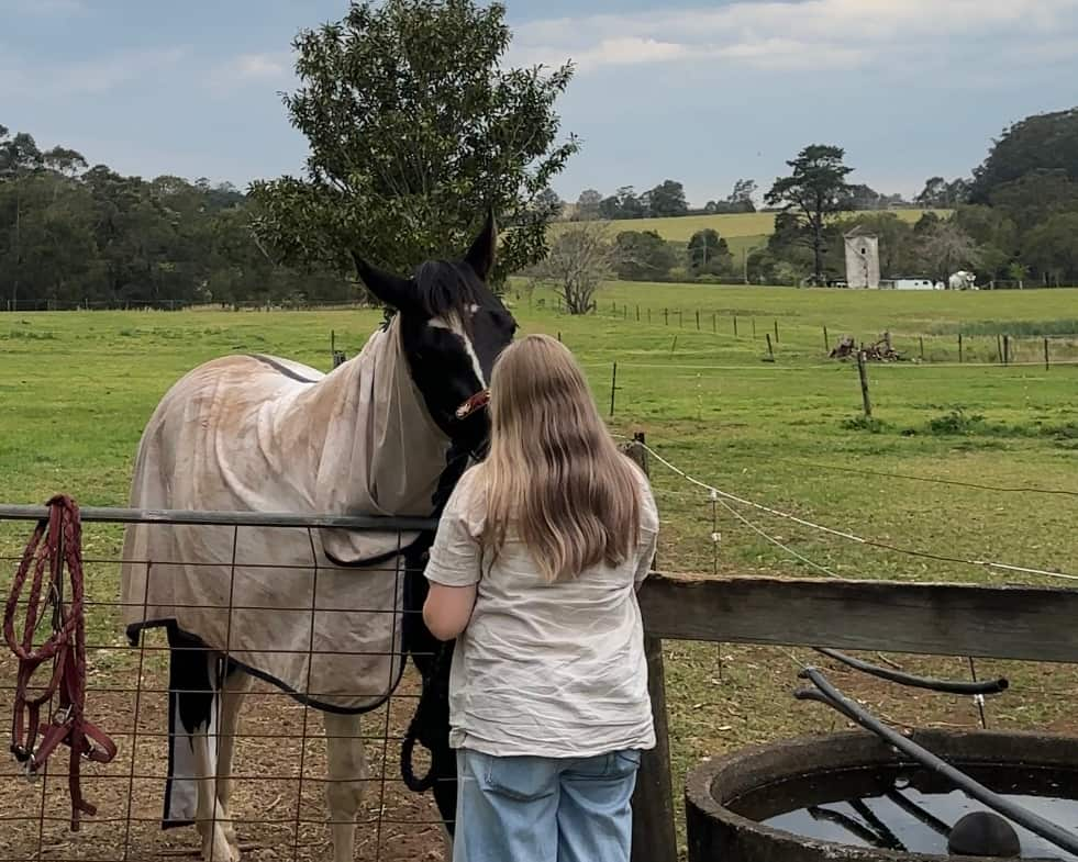 A woman with long hair stands in front of a horse in a paddock.