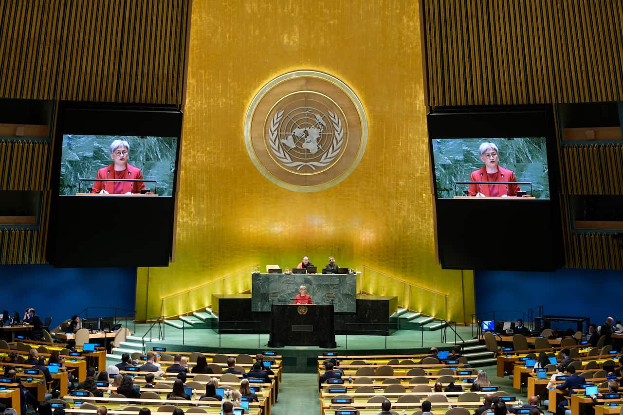 Penny Wong addressing the United Nations General Assembly.