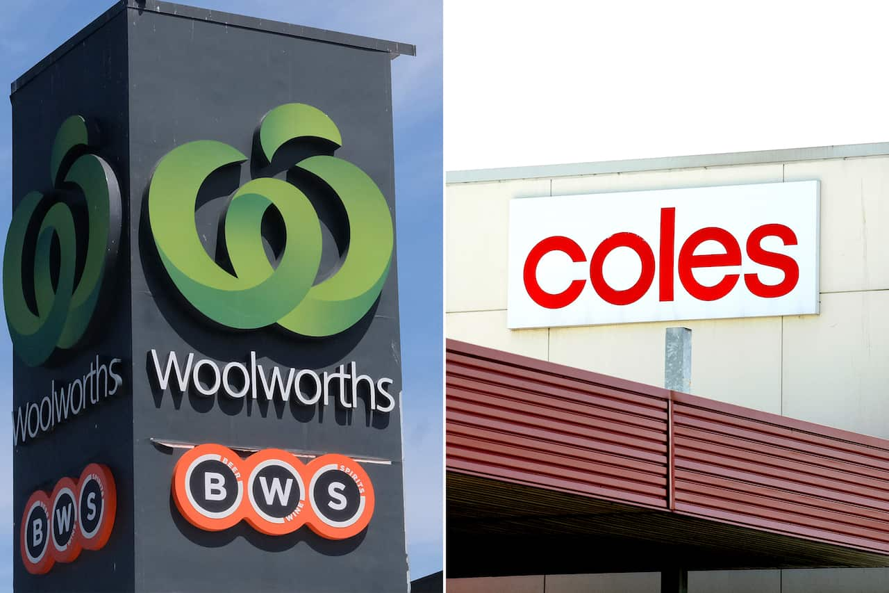 A splitimage. On the left is a Woolworths sign. On the right is a Coles sign. 