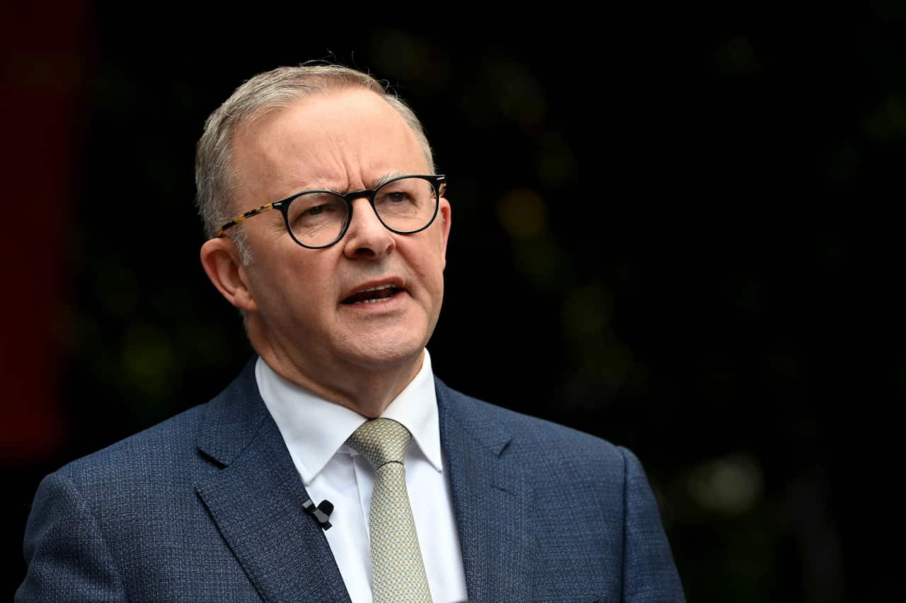  Anthony Albanese speaks to the media.