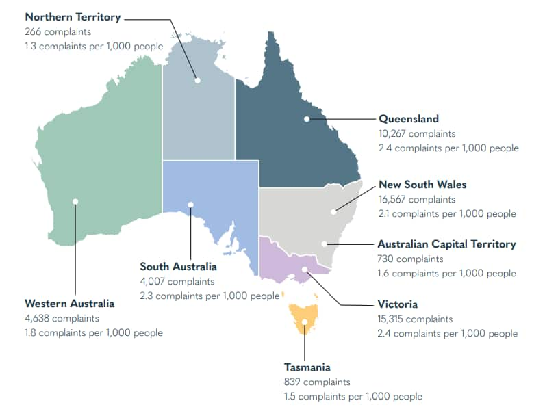 Australian map displaying the number of telco complaints by state and territory