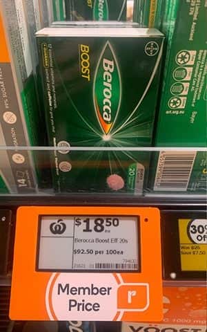 Berocca on a shelf with an orange 'member price' label