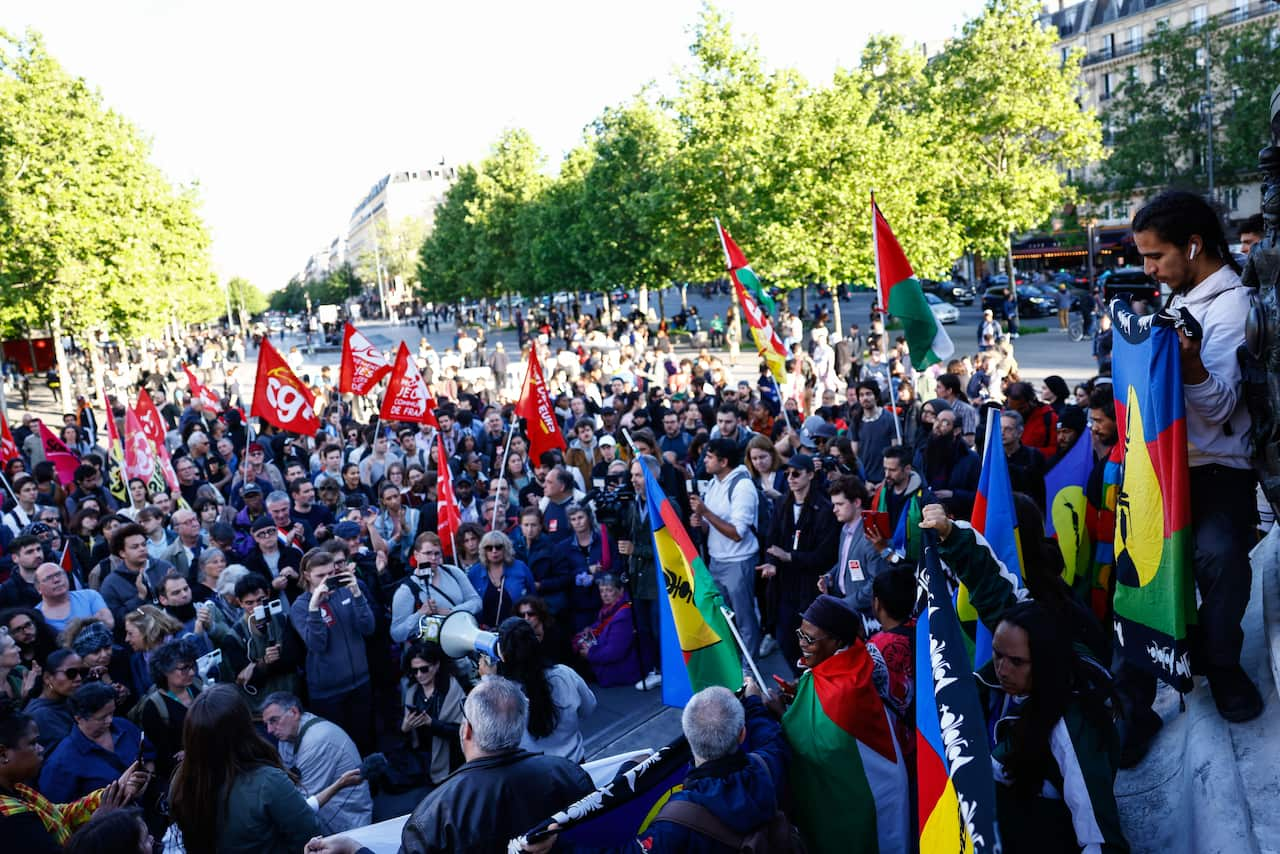 A large group of protesters, many of which are holding up flags.