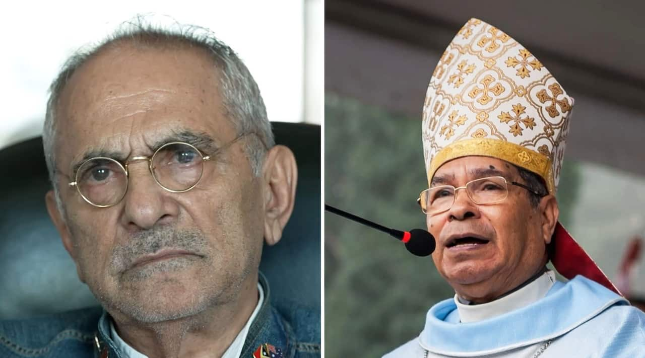 (left), a bespectacled man with a moustache; (right) a bespectacled clergyman in a bishop's hat