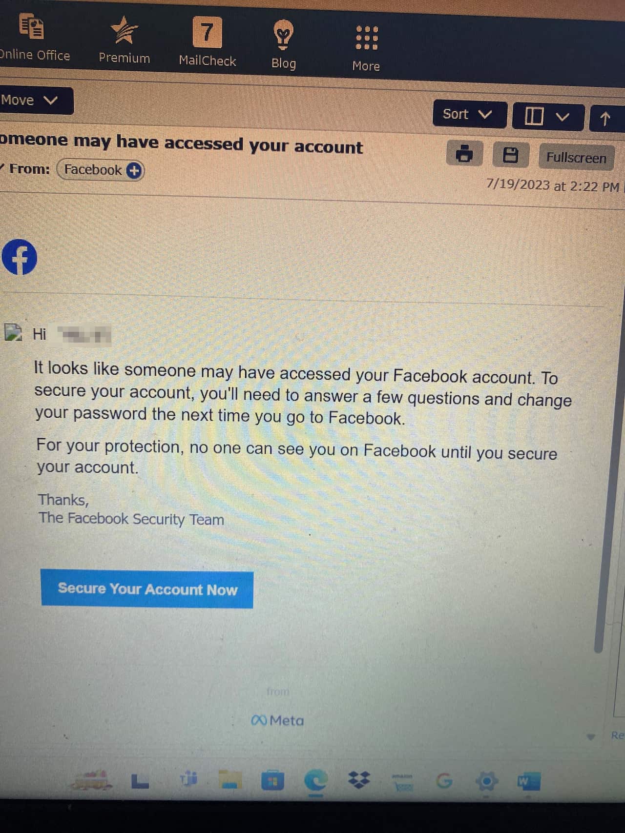 Screenshot showing message from Facebook saying someone may have tried to access an account