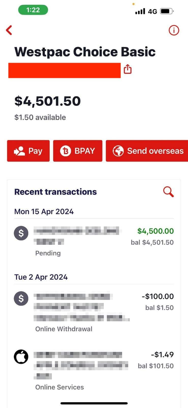 A screenshot of a series of banking transactions with some of the details blurred