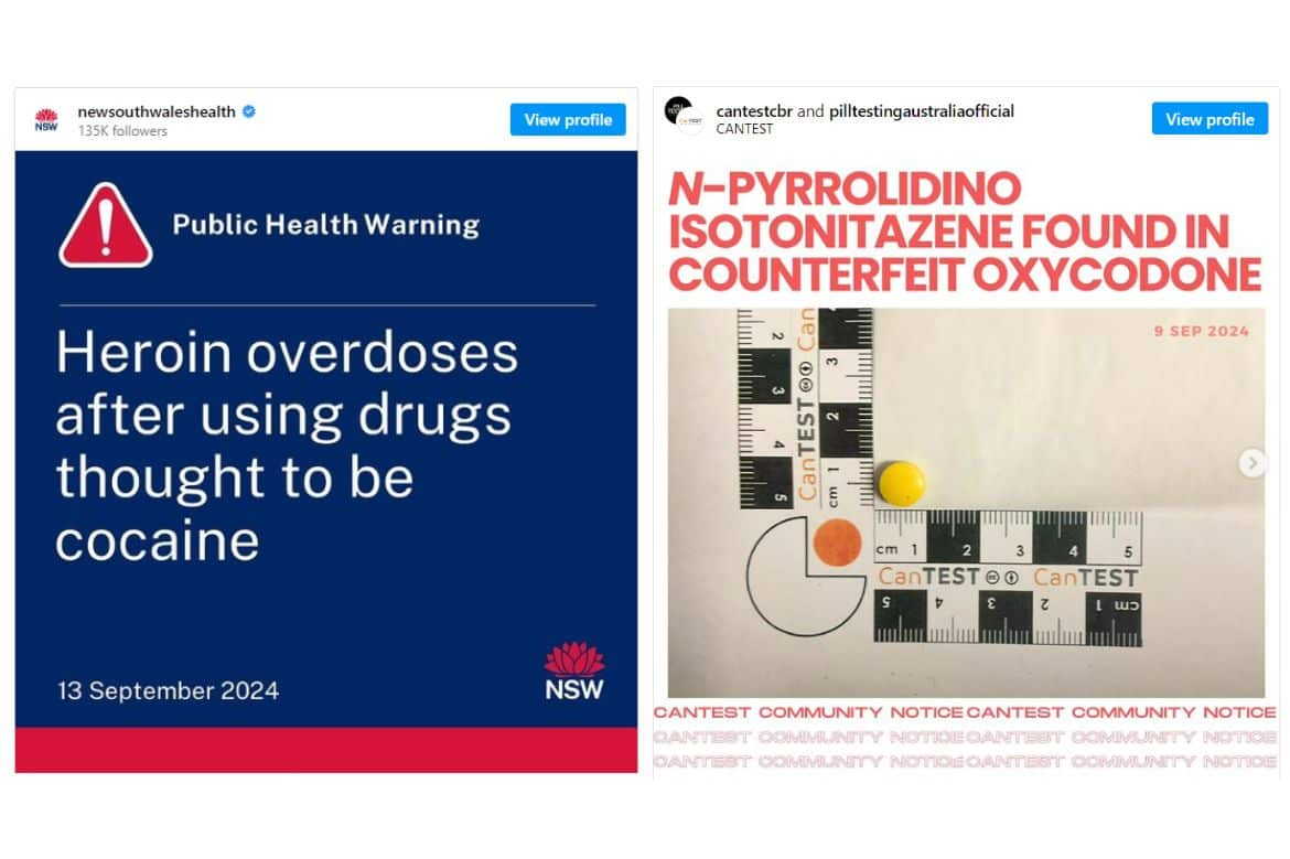 Two instagram posts warning the community of drug overdoses due to synthetic spiking.