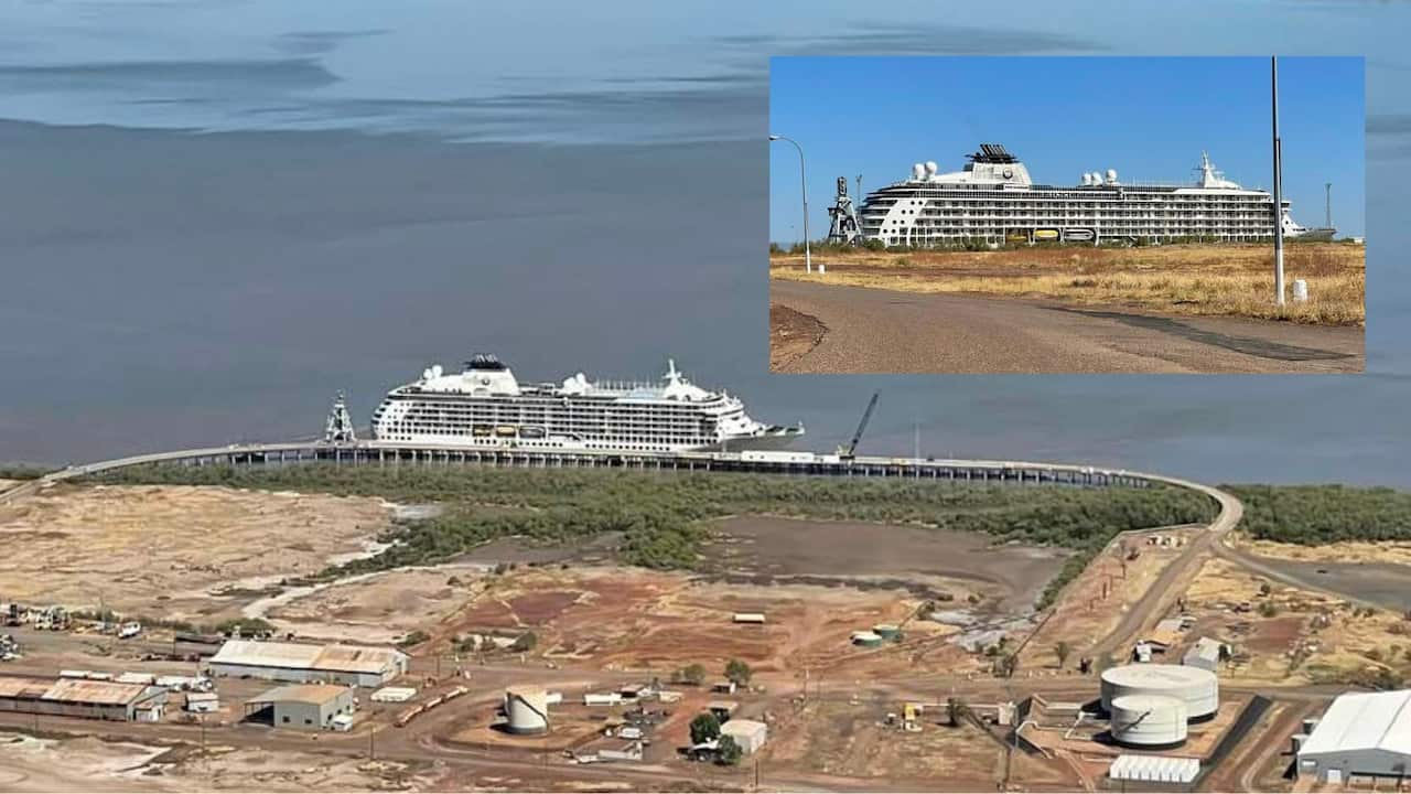 MS The World, a cruise ship in port at Wyndham from an elevated perspective and inset, a closer shot of the ship from the road.