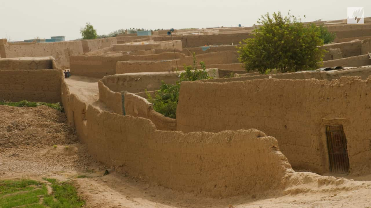 Brown mud walls of the village with some green trees and two boys in a lane